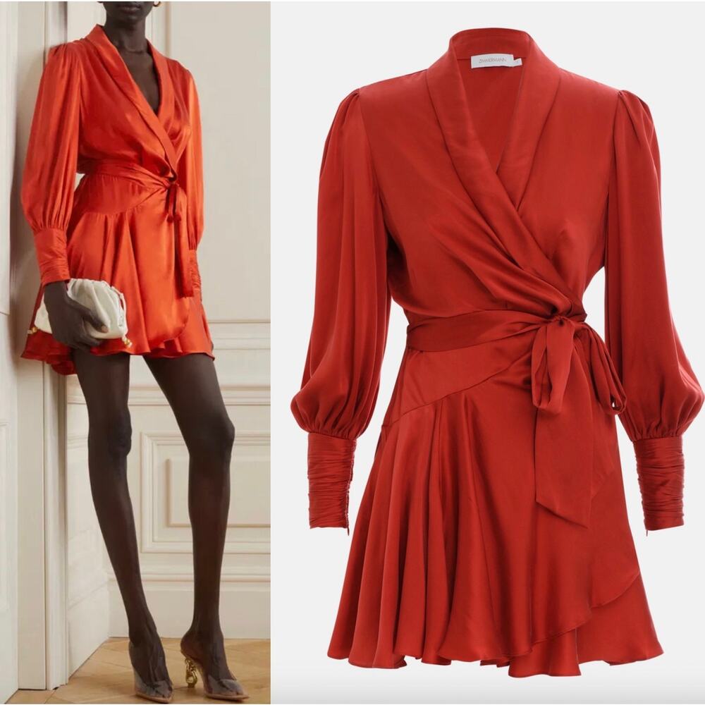 ZIMMERMANN Silk Wrap Long Sleeve Mini Dress In Crimson Size 10 New - Picture 1 of 16